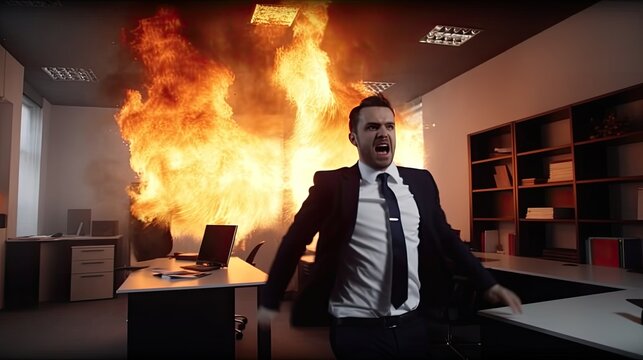 Scared man running away from fire in office, screaming office employee escaped from fire flame, dangerous incident in office room due to short circuit, generative AI