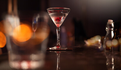 cocktail in martini glass. Night club background