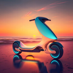 Electric futuristic cyberpunk scooter on seaside beach.