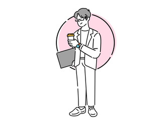 Standing business man working on laptop full body