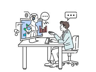 Fototapeta premium Illustration of a business person doing research using an AI chat service