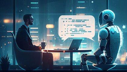 AI Artificial Intelligence humanoid robot talk to a businessman, ChatGpt Ai chatbot chatbot technology concept, Generative AI illustration. - obrazy, fototapety, plakaty