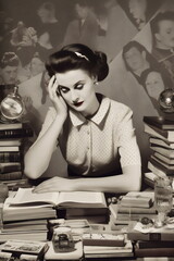 stressed vintage woman reading books 1950s, 1960s, made with generative ai