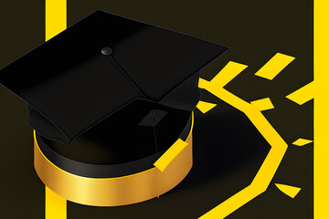 Pattern with black graduated cap on yellow background with copy space. Education background