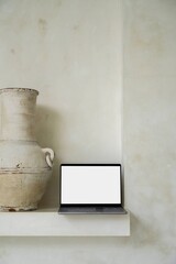 Laptop MacBook Pro computer mockup with white screen next to large white, oversized ceramic vase in...