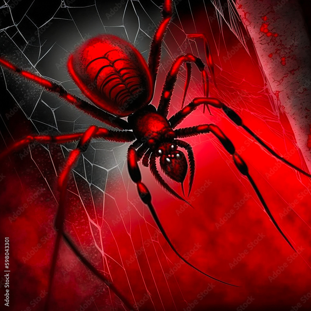 Wall mural red and black spider web. generative ai. a digital painting of a red spider and its web with a black