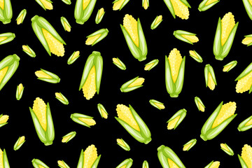 Seamless pattern with Cartoon Corn on black background. Popcorn Slice endless ornament. Vector illustration. Summer Vegetables backdrop. Wallpaper and bed linen print. Kitchen apron design.