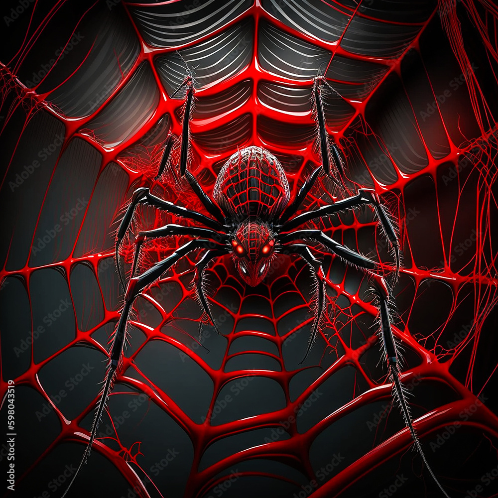 Poster red and black spider web. generative ai. a digital painting of a red spider and its web with a black