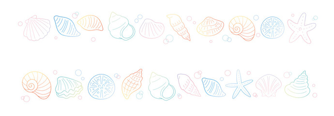 Fototapeta premium 貝がらやヒトデの手書き線画の飾り罫