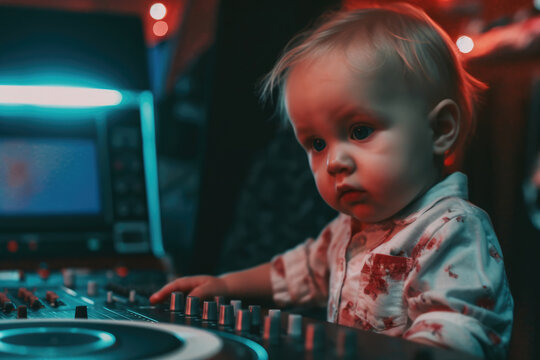 Small baby child, playing music at a dance party behind turntable, copy space, generative ai