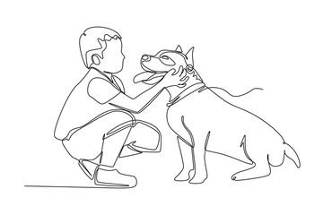 Single one line drawing happy boy with his dog. Urban pets concept. Continuous line draw design graphic vector illustration.