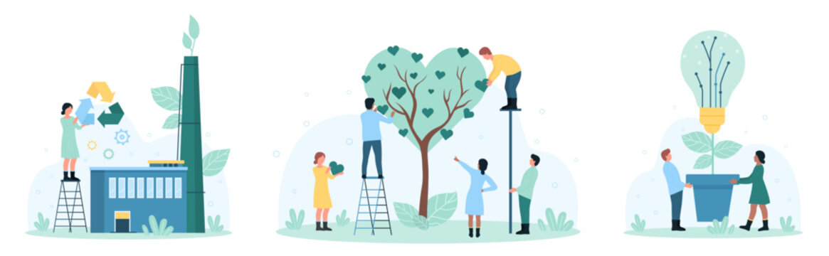 Green technology, environmental innovation set vector illustration. Cartoon tiny people holding recycling sign near eco friendly factory, grow lightbulb plant and tree in heart shape to save ecology
