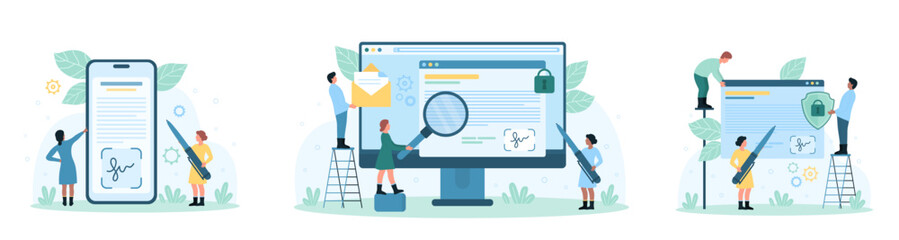 Digital signature set vector illustration. Cartoon tiny people sign online business document and legal contract, office employee with pen write and approve agreement on screen of computer or phone