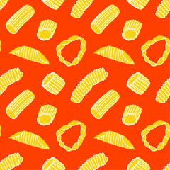 Italian pasta on red background. Seamless pattern. Different types of Italian pasta. Modern prints for menu design, cookbooks, fabric, etc.