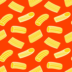 Italian pasta on red background. Seamless pattern. Different types of Italian pasta. Modern prints for menu design, cookbooks, fabric, etc.