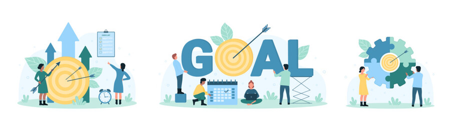 Team goal, management strategy set vector illustration. Cartoon tiny people plan progress in business challenge and career, characters holding arrows, puzzle circle target and calendar for teamwork © Flash Vector