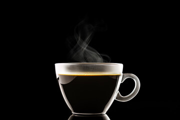 Close up a cup of a black hot coffee with smoke on black background. Created with Generative AI Technology