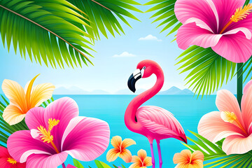 Exotic flowers, palm tree and flamingo bird, creative decorations, exotic flavor ice cream idea. Summer holidays, vacation, travelling.