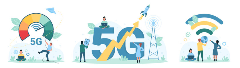 5G telecommunication technology set vector illustration. Cartoon tiny people using speedometer for signal speed test from communication tower, global telecom system and broadband mobile internet