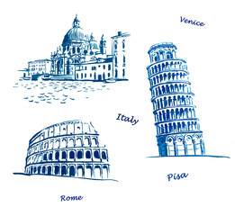 Italy, Europe, travel, tourism,  italian seasides , Pisa, Rome, Venice,  Santa Maria della Salute , sketches, architecture, monuments 