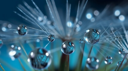 Dandelion Seeds in droplets of water on blue and turquoise beautiful background with soft focus in nature macro. Drops of dew sparkle on dandelion in rays of light
