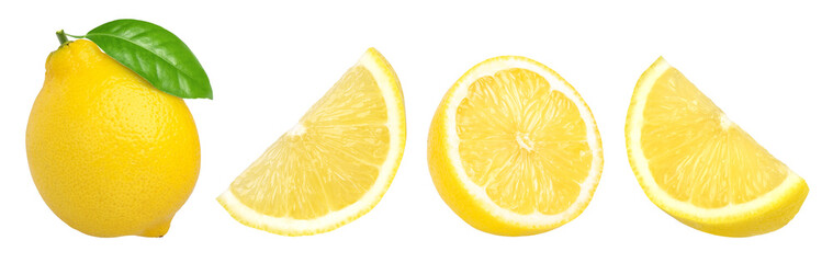 ripe lemon fruit with leaves, half and slice isolated, Fresh and Juicy Lemon, transparent png, collection, cut out