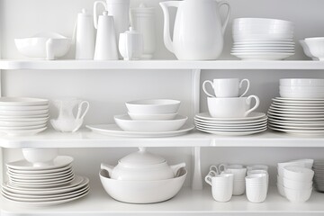 minimalist white dish and cup collection on a shelf. Generative AI Generative AI