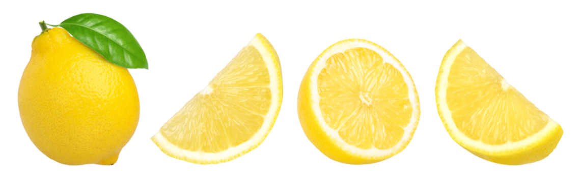 ripe lemon fruit with leaves, half and slice isolated, Fresh and Juicy Lemon, transparent png, collection, cut out