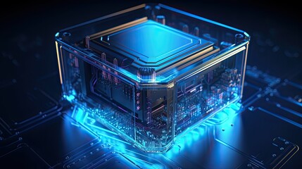 Blue Glowing Future: Illustration of a Futuristic Portable Quantum Computer with CPU and Semiconductors. Generative AI