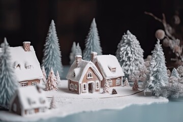 Winter Wonderland: Gingerbread Houses and Christmas Trees Adorn a Miniature Village in the Snow. Generative AI
