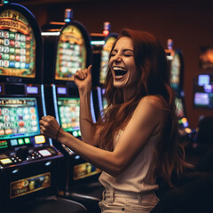 Frau gewinnt am Glücksspiel-Automaten, generative AI, generative, AI