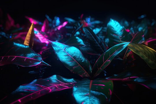 Vibrant Escape to a Tropical Resort - Multicolored Foliage, Neon Lights, and Exotic Plants, Generative AI