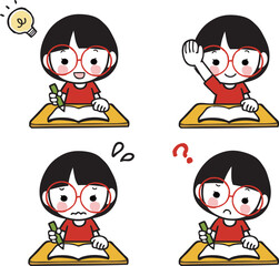 机で勉強をする眼鏡の女の子のイラストセット