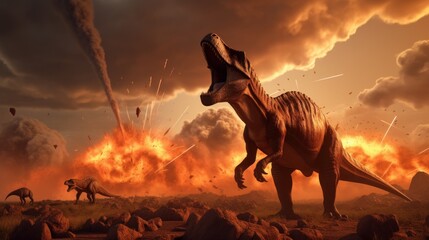Extinction of the dinosaurs by a meteor impact scene ai, ai generative, illustration