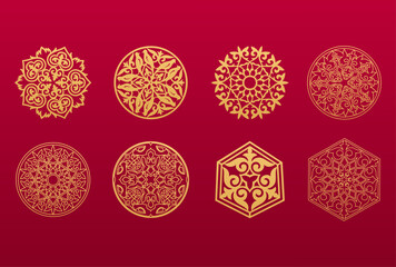 Set of 8 islamic golden ornaments on red background in vector. Circular ornamental arabic symbols. Abstract Asian elements of the national pattern of the ancient nomads of the Kazakhs, Tatars, Kyrgyz