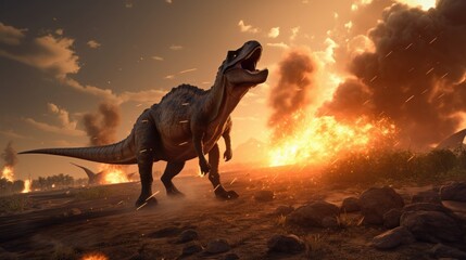Extinction of the dinosaurs by a meteor impact scene ai, ai generative, illustration