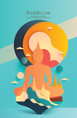 Buddha meditating paper art blue pastel colors vector background - Magha puja day, Vesak day banner, important Buddhism days Thailand culture