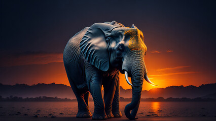 An elephant stands in front of a sunset generated AI