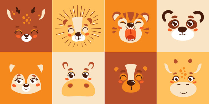 A beautiful set of vector collection of cute animal heads in a children's style. Vector illustration