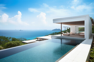 Tropical Home Island Villa House With Modern Infinity Swimming Pool And Blue Sky - Generative AI Image

