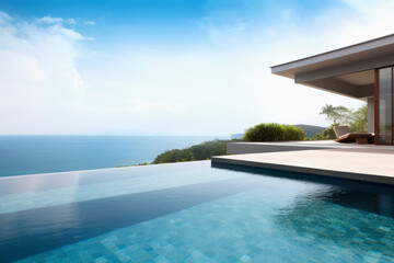Obraz na płótnie Canvas Tropical Home Island Villa House With Modern Infinity Swimming Pool And Blue Sky - Generative AI Image 