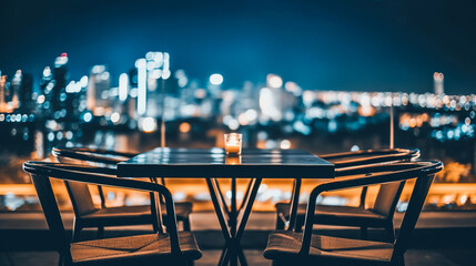 A warm and inviting ambiance, Outdoor coffee shop table with breathtaking cityscape views, Generative AI