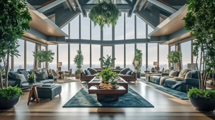 Obraz premium Zoom Background, Spacious Designer penthouse living room with floor-to-ceiling windows, Generative AI