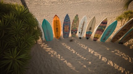 Palm Trees and Surfboards: A Stunning Drone Shot of Surfboards Laid Out on the Sand, Framed by Swinging Palm Trees, AI generative
