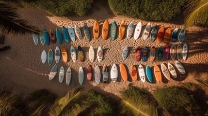 Art on the Sand: An Eye-Catching Array of Vibrant Surfboards in a Unique Circular Pattern, AI-Generated