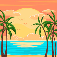 Tropical paradise vector illustration, palm trees at sunset, advertising background, summer vacation concept.
