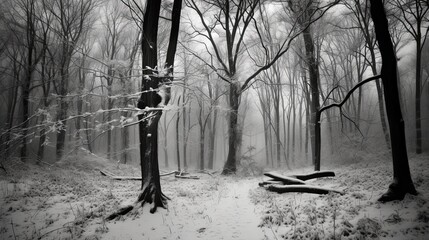 A Serene Winter Wonderland of Solitude: A Black-and-White Forest of Trees Covered in Snow, Generative AI
