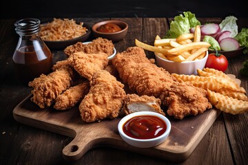 Delicious Fried Chicken Strips & Tenders with Ketchup, Chips, and Other Toppings at Your Favorite Eatery. Generative AI