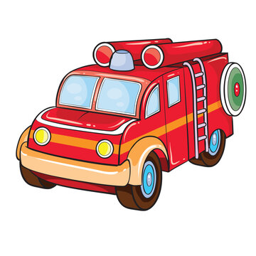 red fire truck, cartoon illustration, isolated object on white background, vector,