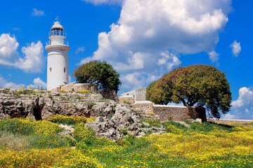 Fototapeta na wymiar View of the old lighthouse in Paphos Archaeological Park on the island of Cyprus, Mediterranean coast, Republic of Cyprus